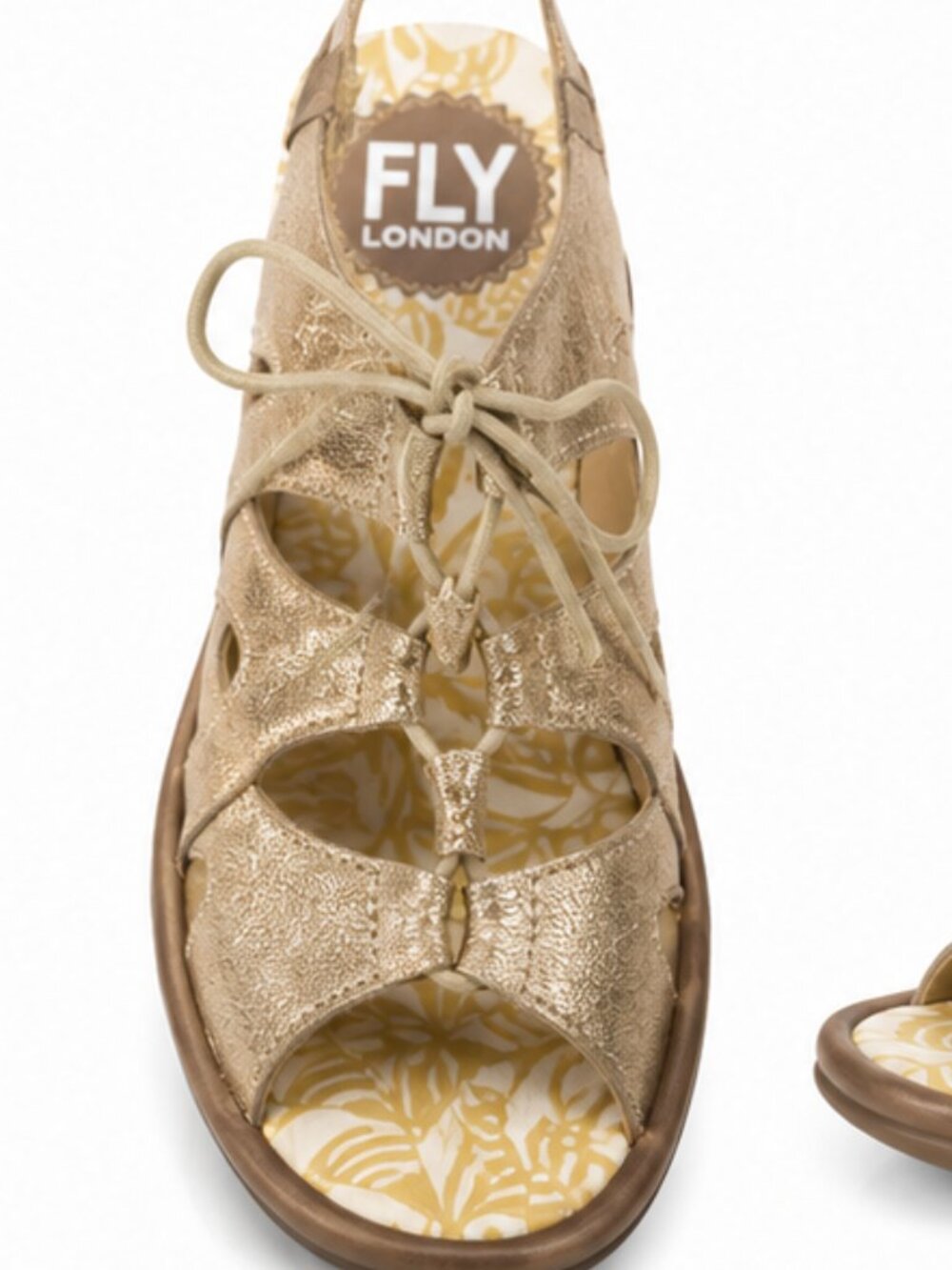 Fly London Yapi Leather Gold Metallic Lace-Up Wedge Sandals Size 38| Fisherman